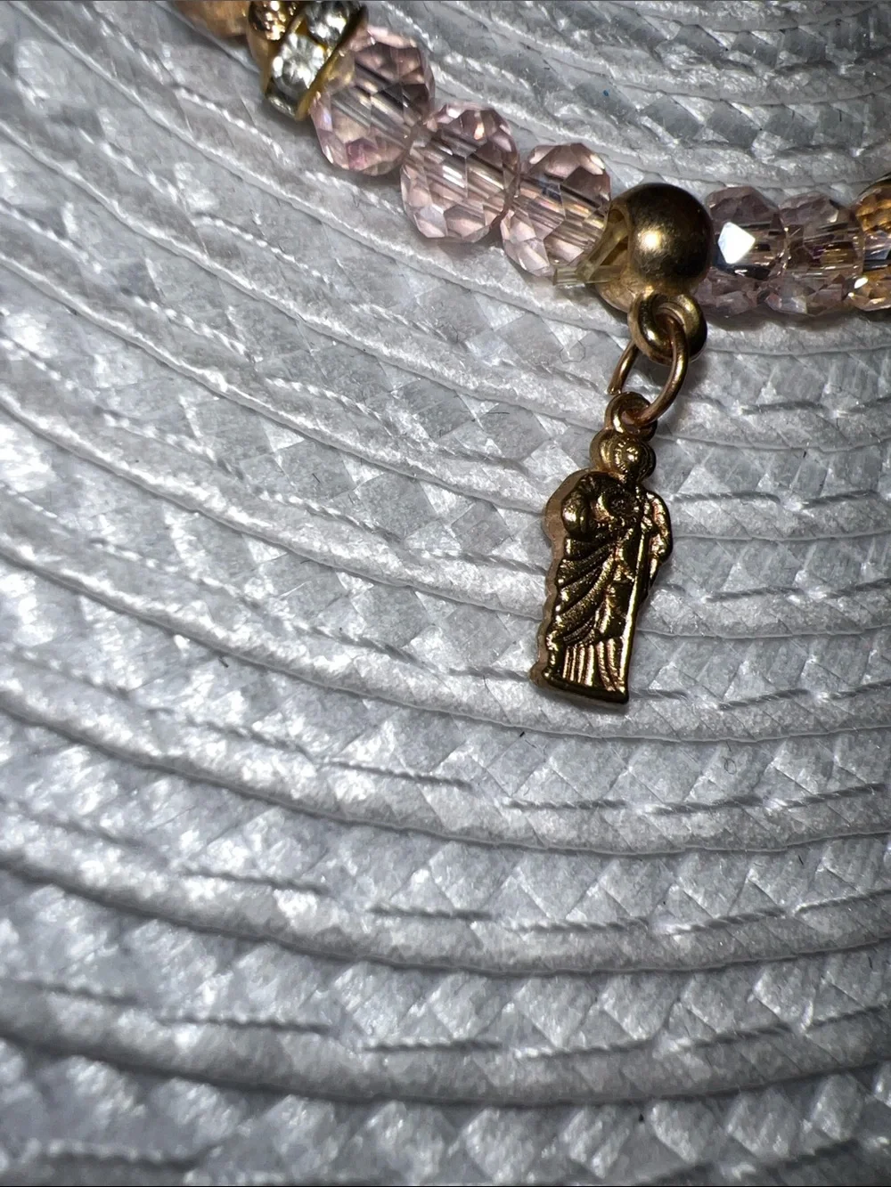 Religious Gold-Tone Pink Crystal Charm Bracelet - Women Accessories